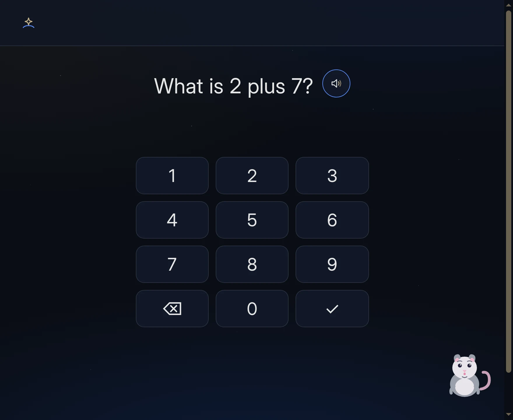 A math item: What is 2 plus 7? — with a large number pad and a speak-aloud button.