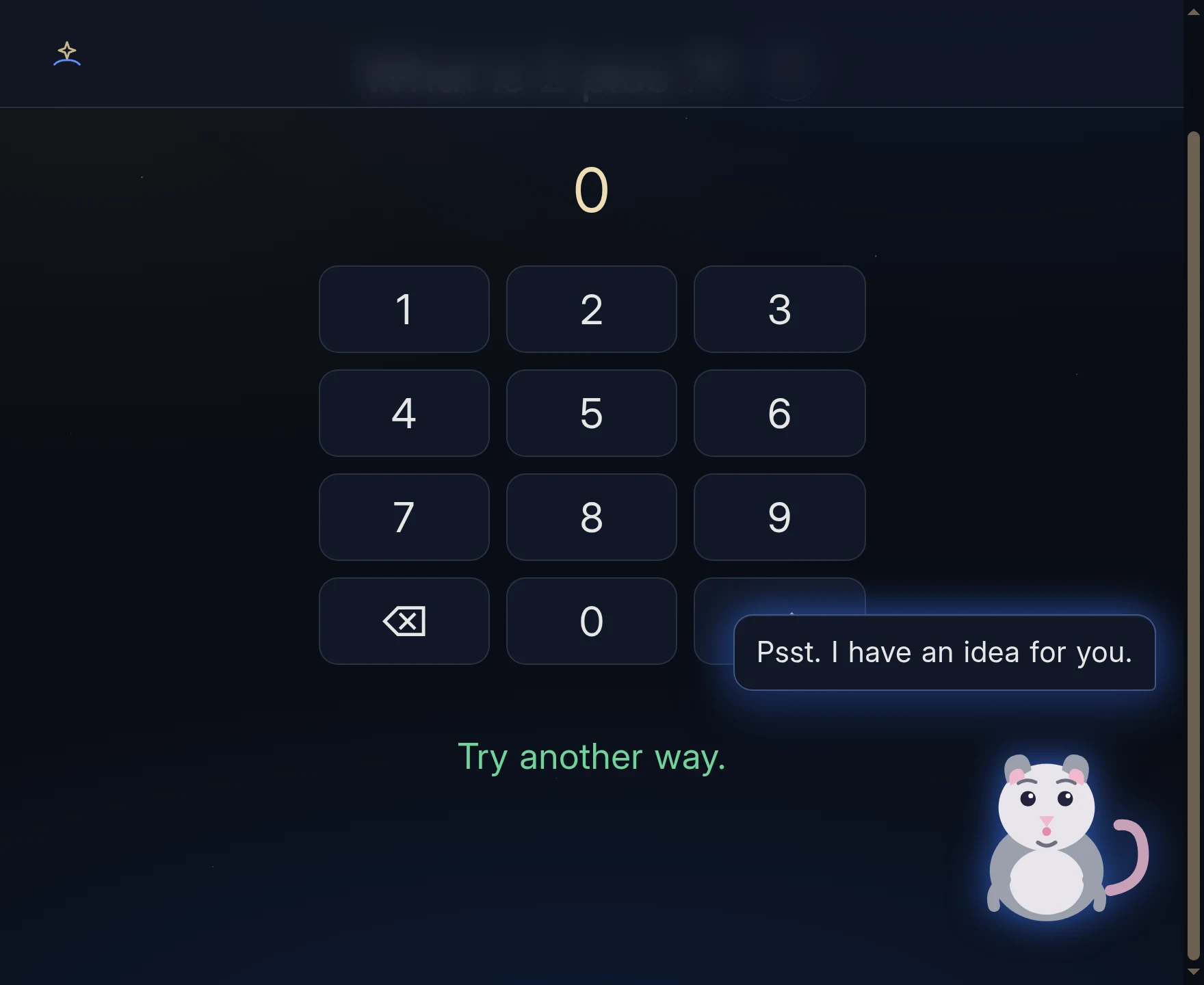 After a wrong answer the item stays, the feedback reads: Try another way. The buddy offers an idea.